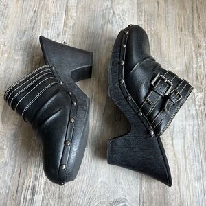 Fashion Bug Y2K Clogs Heels 9.5 Black Buckle Silver Vintage